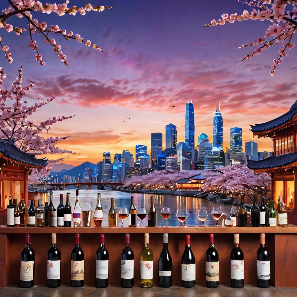 A futuristic city skyline at sunset with wine bottles symbolizing ecommerce. Incorporate Asian cultural elements, like cherry blossoms and traditional architecture, intertwined with digital interfaces and shopping carts. Showcase diverse people engaging with technology and wine in a vibrant marketplace setting. super-realistic. vibrant colors. blend of modern and traditional styles.
