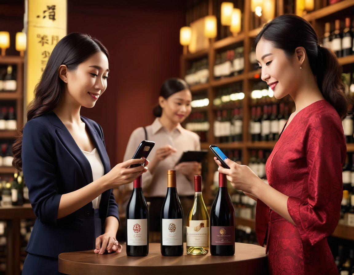 A sophisticated Asian wine market scene showing diverse people engaging in seamless digital transactions using their smartphones among elegant wine displays. Feature beautiful bottles of wine and modern payment technology visuals such as QR codes and digital wallets in action. The ambiance should convey a harmonious blend of cultural elegance and modern innovation. super-realistic. vibrant colors. warm lighting.