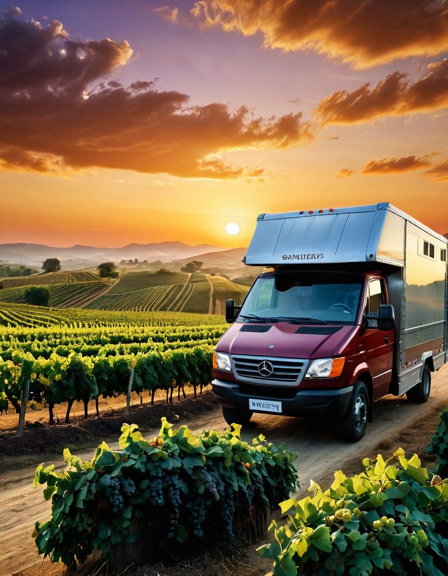 A stunning vineyard landscape at sunset in Asia, showcasing lush grapevines with clusters of ripe grapes ready for harvest, alongside a stylish wine delivery van. In the foreground, a sommelier expertly pouring wine into elegant glasses, symbolizing the art of wine logistics. The scene captures a harmonious blend of tradition and modern logistics, with rolling hills in the background. super-realistic. vibrant colors. warm tones.
